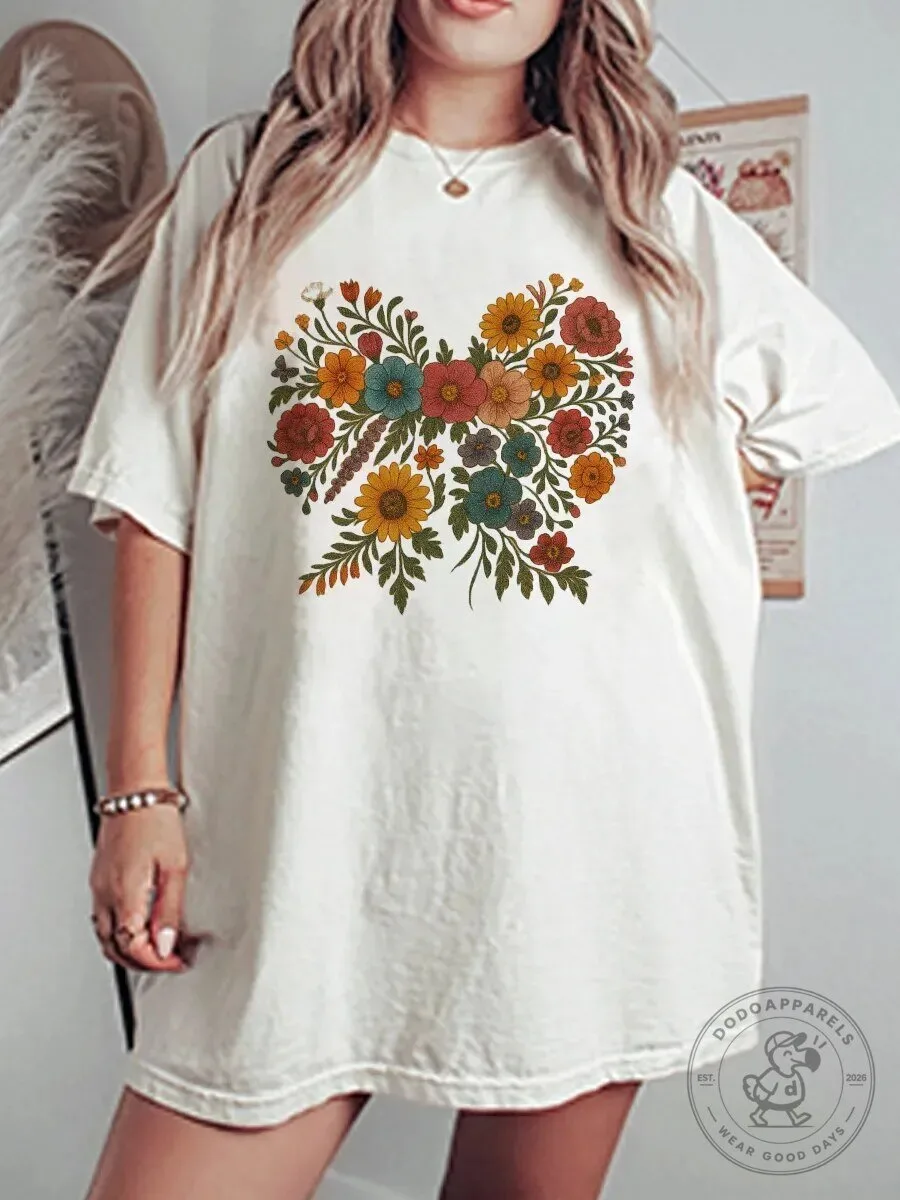 Vintage Boho Floral Bow Graphic Oversized T-Shirt for Women