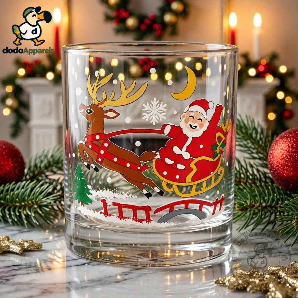 Santa Claus Reindeer Christmas Whiskey Glass Drinkware